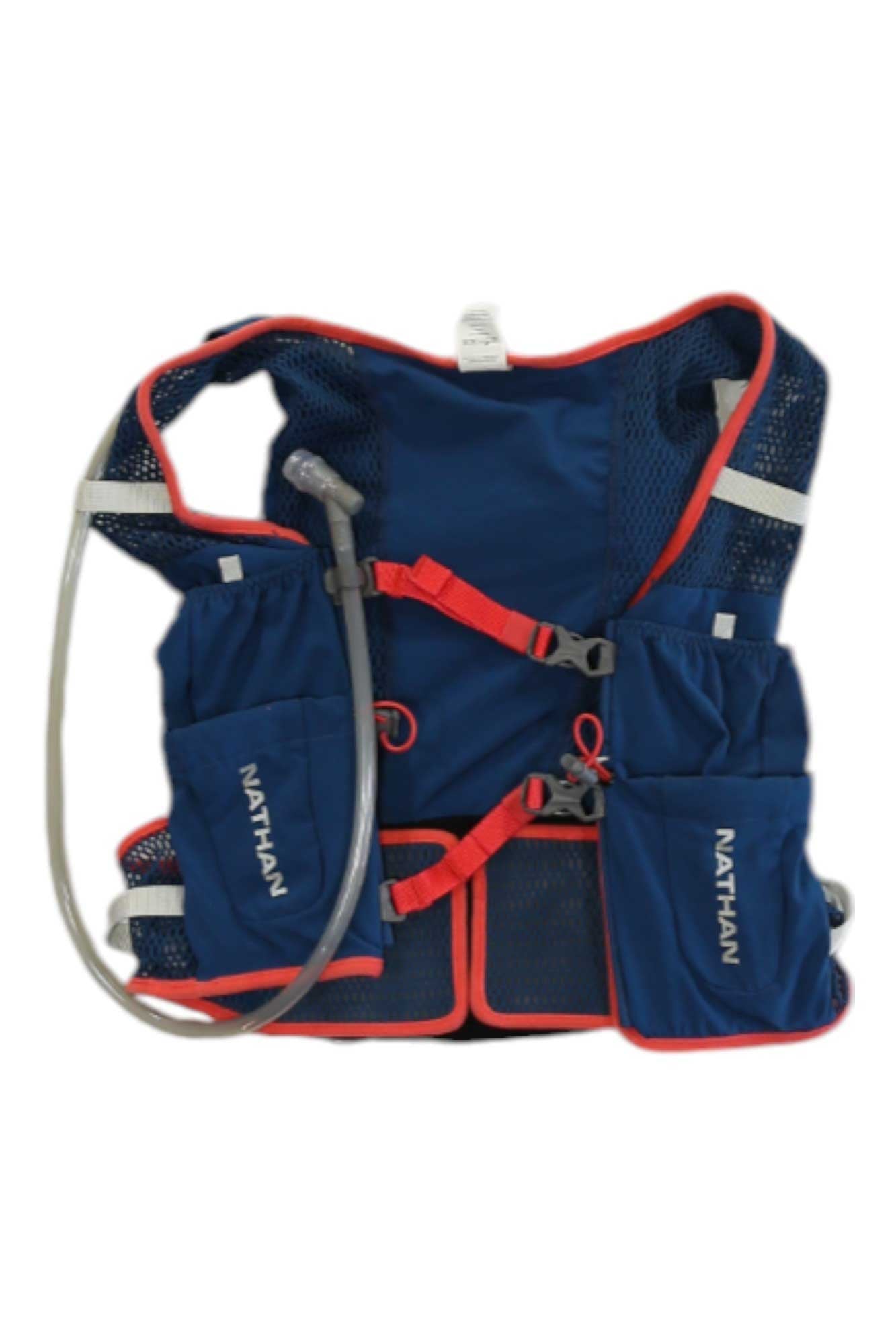 The Nathan Women's Vapor Airless 2 Lite 4L Vest is a blue running vest with red trim, mesh panels, adjustable chest straps, multiple front pockets, and a hydration tube connected to its 2L bladder for easy drinking on the go.