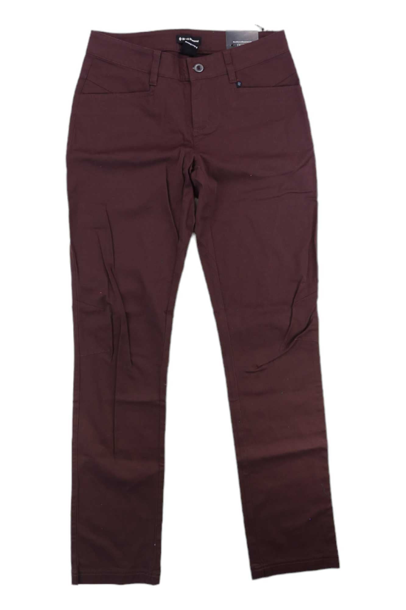 Black Diamond Womens Notion SL Pant in maroon, slim fit, crafted from organic cotton, features front and back pockets, belt loops, button and zipper closure; displayed flat on a white background.