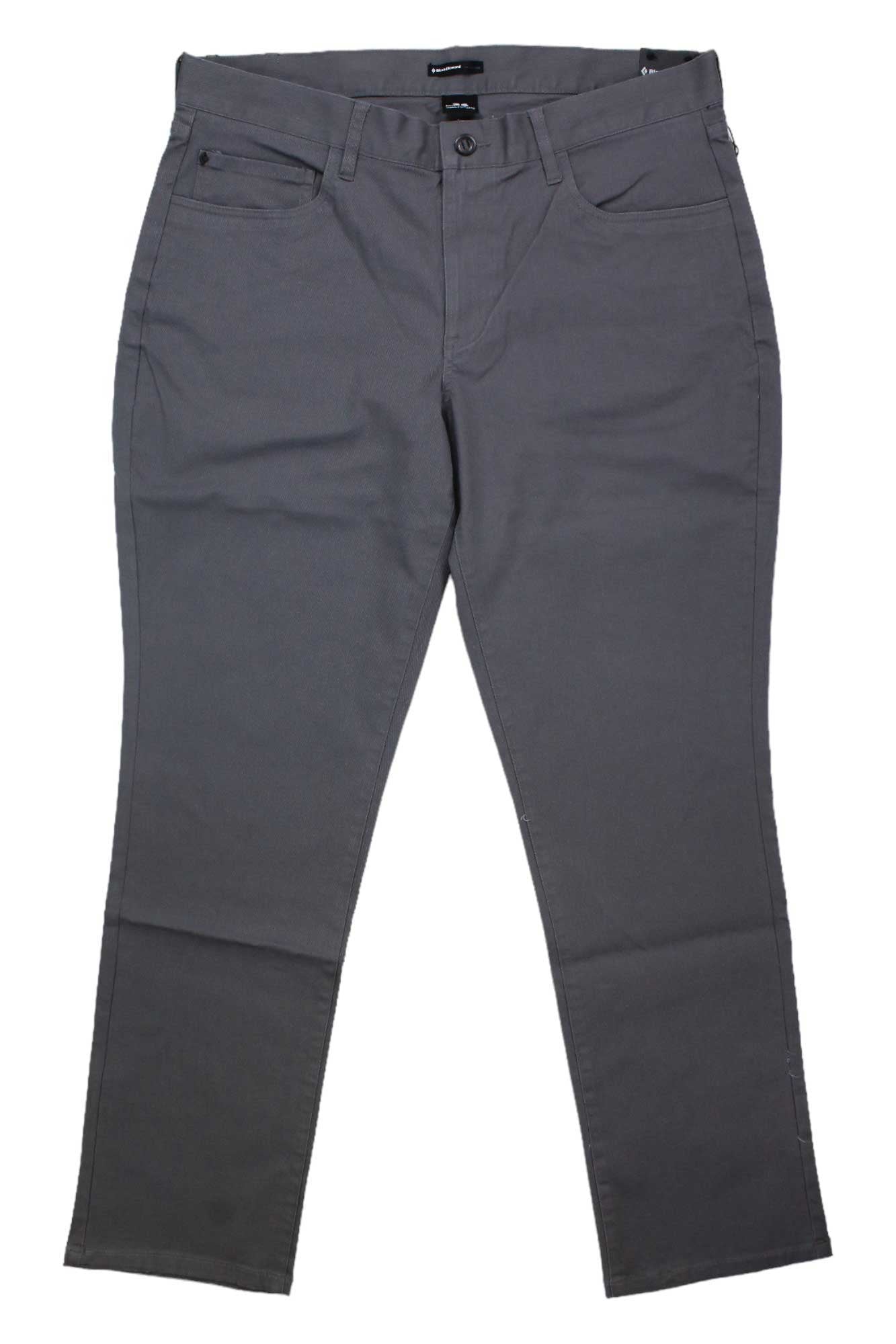 The Black Diamond Mens Stretch Font Pant is a pair of gray, straight-leg organic cotton pants with button and zipper closure, belt loops, and front and back pockets, shown flat on a white background.