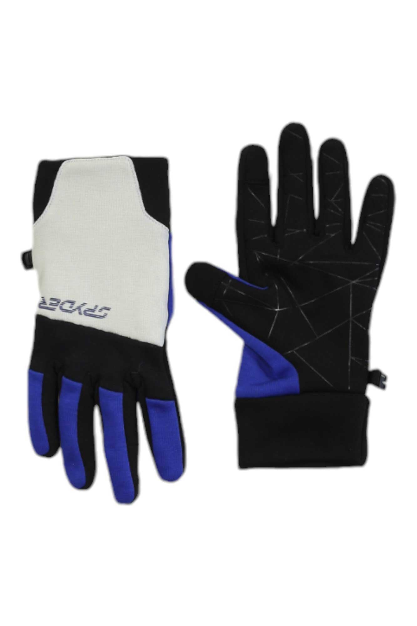 The Spyder Womens Speed Fleece Glove features black, blue, and white panels; one glove displays grip patterns on the palm, and the other shows the back with "SPORT" printed on it.