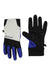 The Spyder Womens Speed Fleece Glove features black, blue, and white panels; one glove displays grip patterns on the palm, and the other shows the back with "SPORT" printed on it.