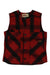 The Stormy Kromer Men's Button Vest is a sleeveless red and black plaid wool vest with black buttons, two front pockets, and a left pocket label—designed for classic style and reliable outdoor performance.