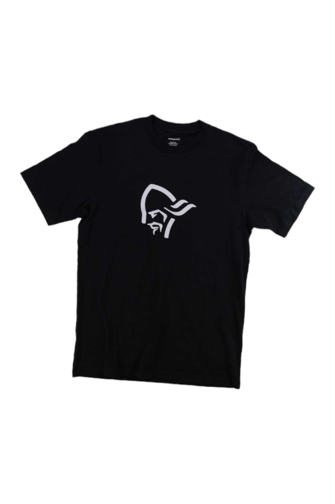 The Norrona Mens /29 Cotton Viking T-Shirt in black features a minimalist white bearded helmeted face graphic centered on the chest, shown laid flat on a white background.