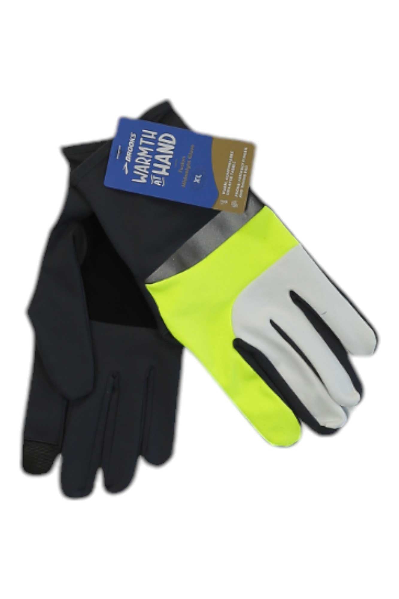 A pair of Brooks Fusion Midweight Gloves—one black, one neon yellow/white/gray—displayed in Warranty Hand packaging. Perfect for running, offering comfort and enhanced visibility.