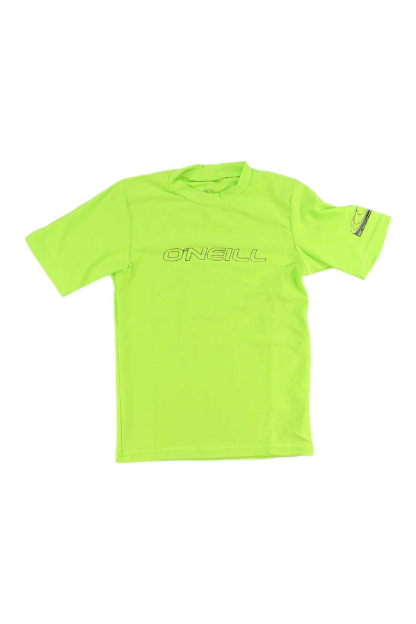 The ONeill Youth Basic SS Rash Tee is a neon green, short-sleeve, crew neck rash guard with the ONeill logo on the chest and left sleeve, perfect for swim and surf sessions. Shown on a white background.