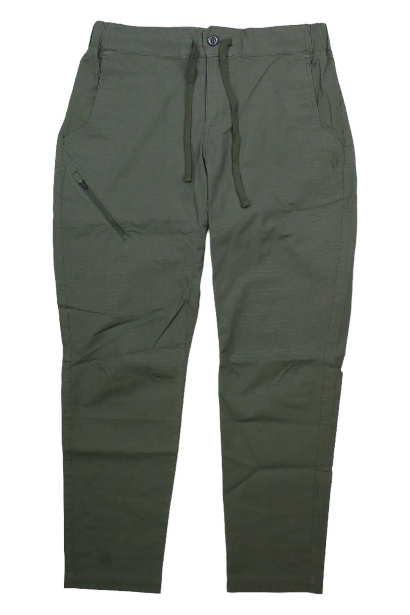The Black Diamond Men's Rocklock Climb Pant in olive green features a drawstring waist, front button, two side pockets, and a left zippered pocket. The pants are displayed laid flat on a white background.