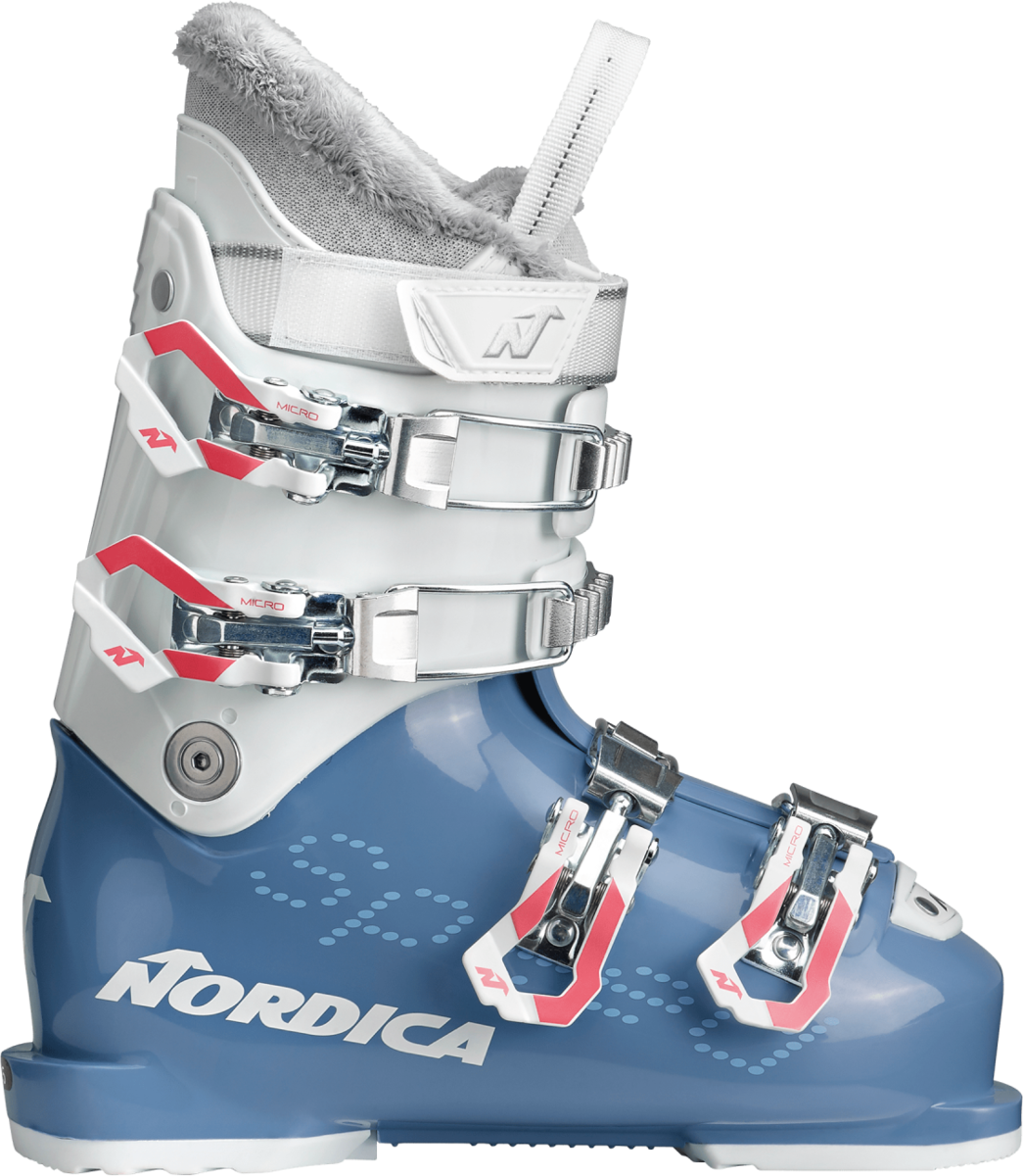 Junior ski boots, light blue shell with white and red straps, gray cuff lining