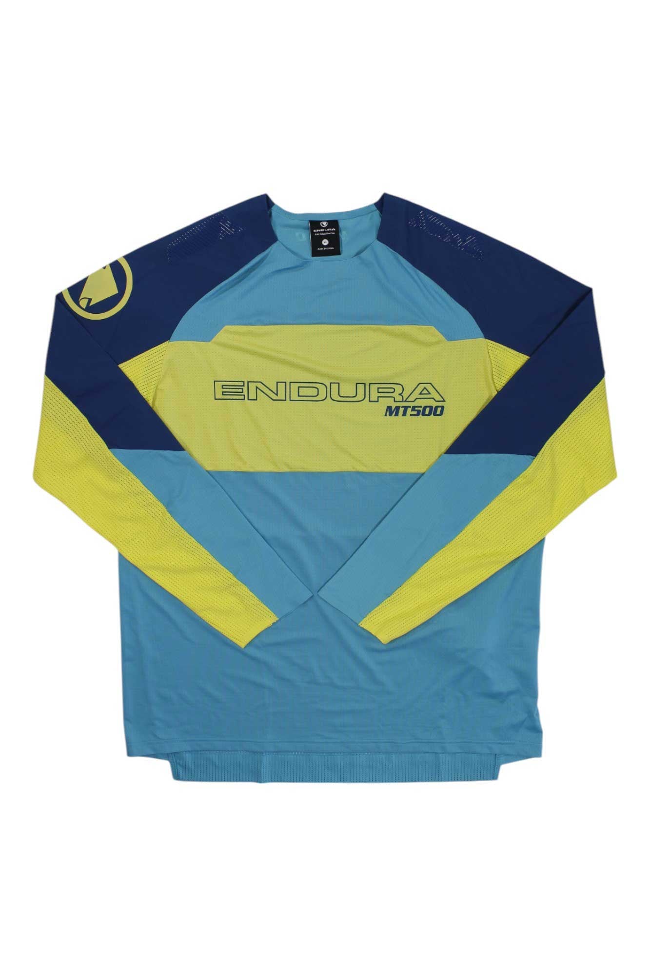 Men's long-sleeve cycling jersey with blue body, yellow-green accents, and navy upper panels