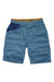 The La Sportiva Mens Bleauser 12 Inch Short features blue, knee-length design, elastic waistband, dark blue right pocket, subtle stitching, small logo near the left hem, and yellow-patterned organic cotton lining.