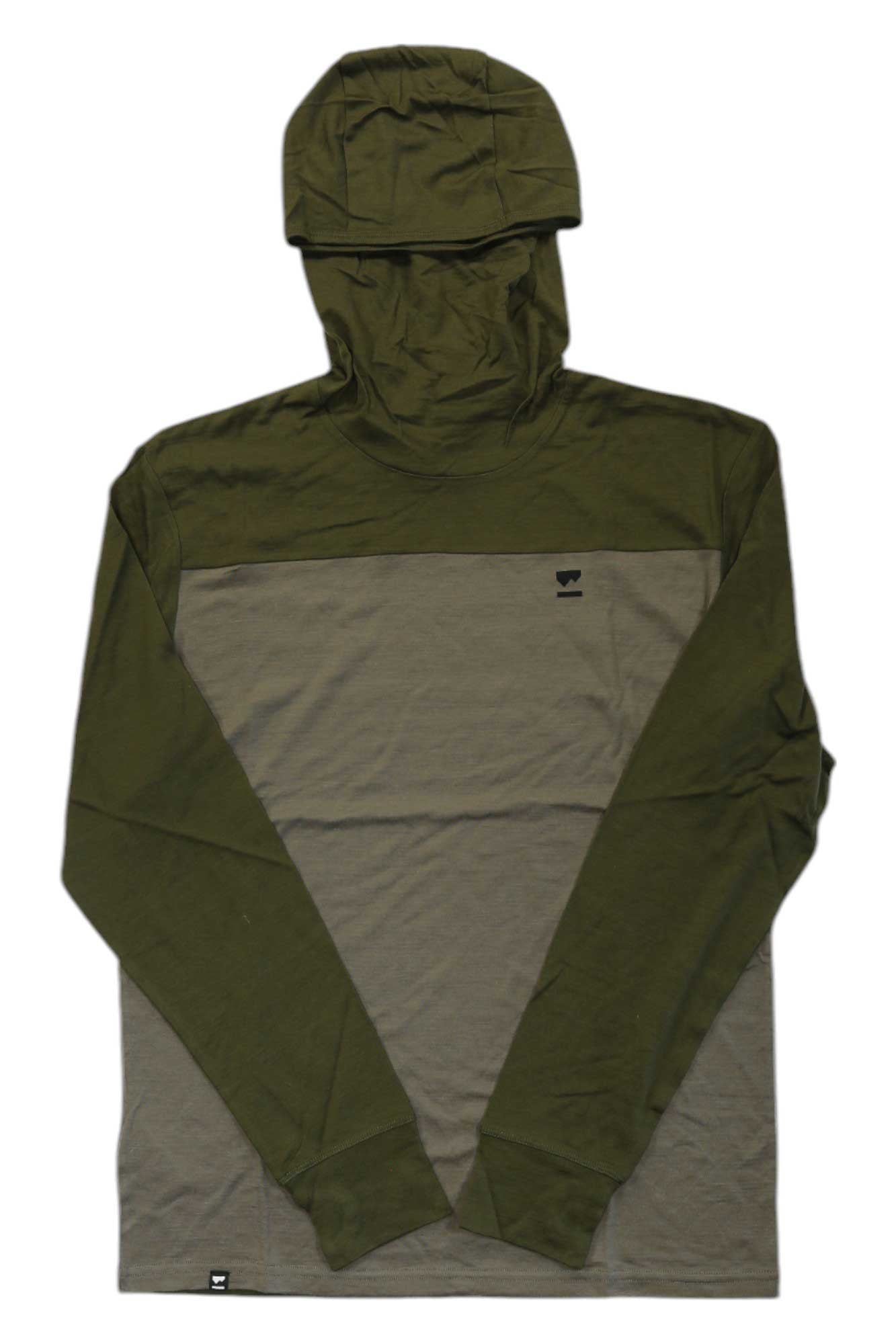 Mons Royale men's hooded long-sleeve top, olive with light gray color-block and logo