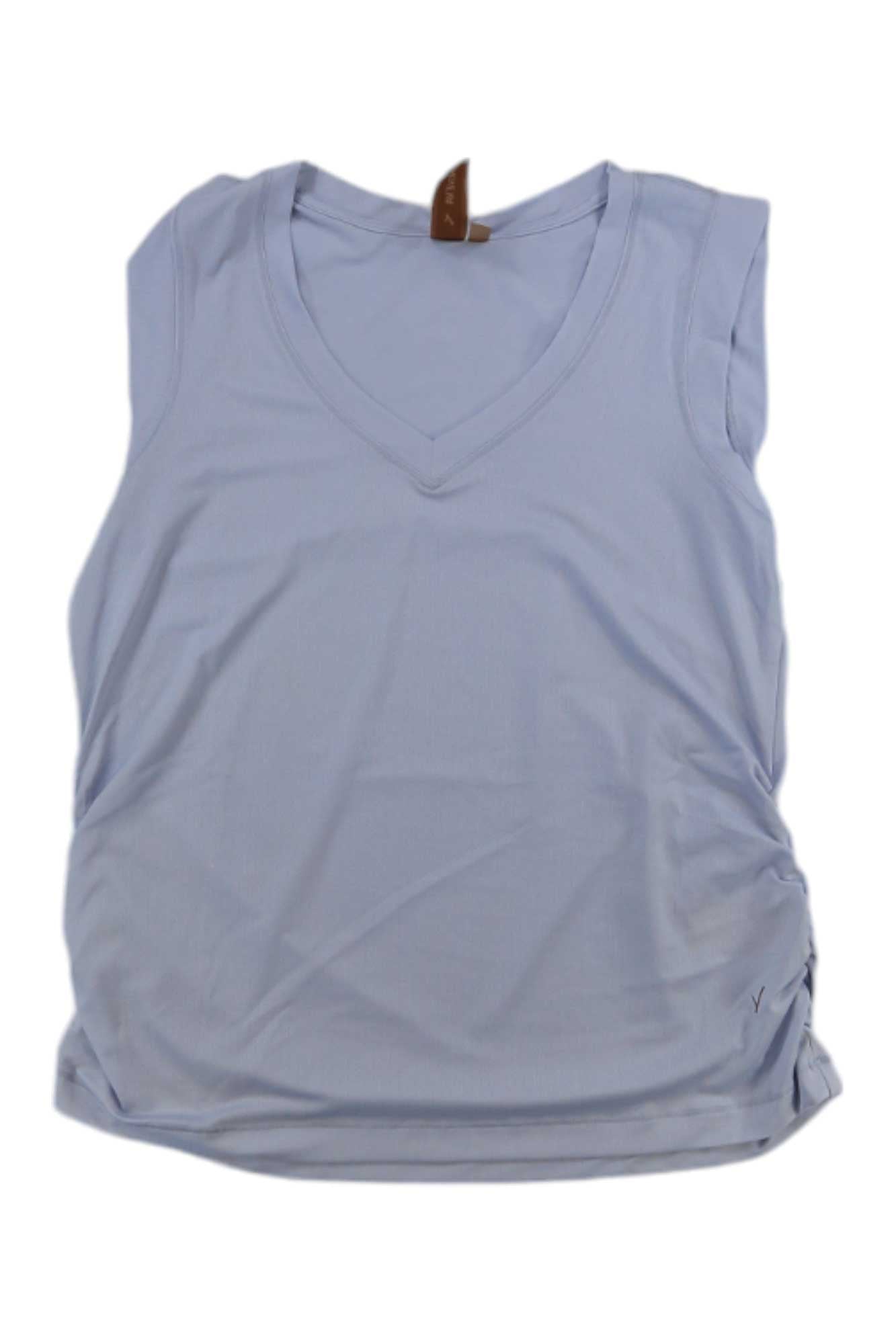 Women’s sleeveless V-neck top in light blue, draped front with side ruching