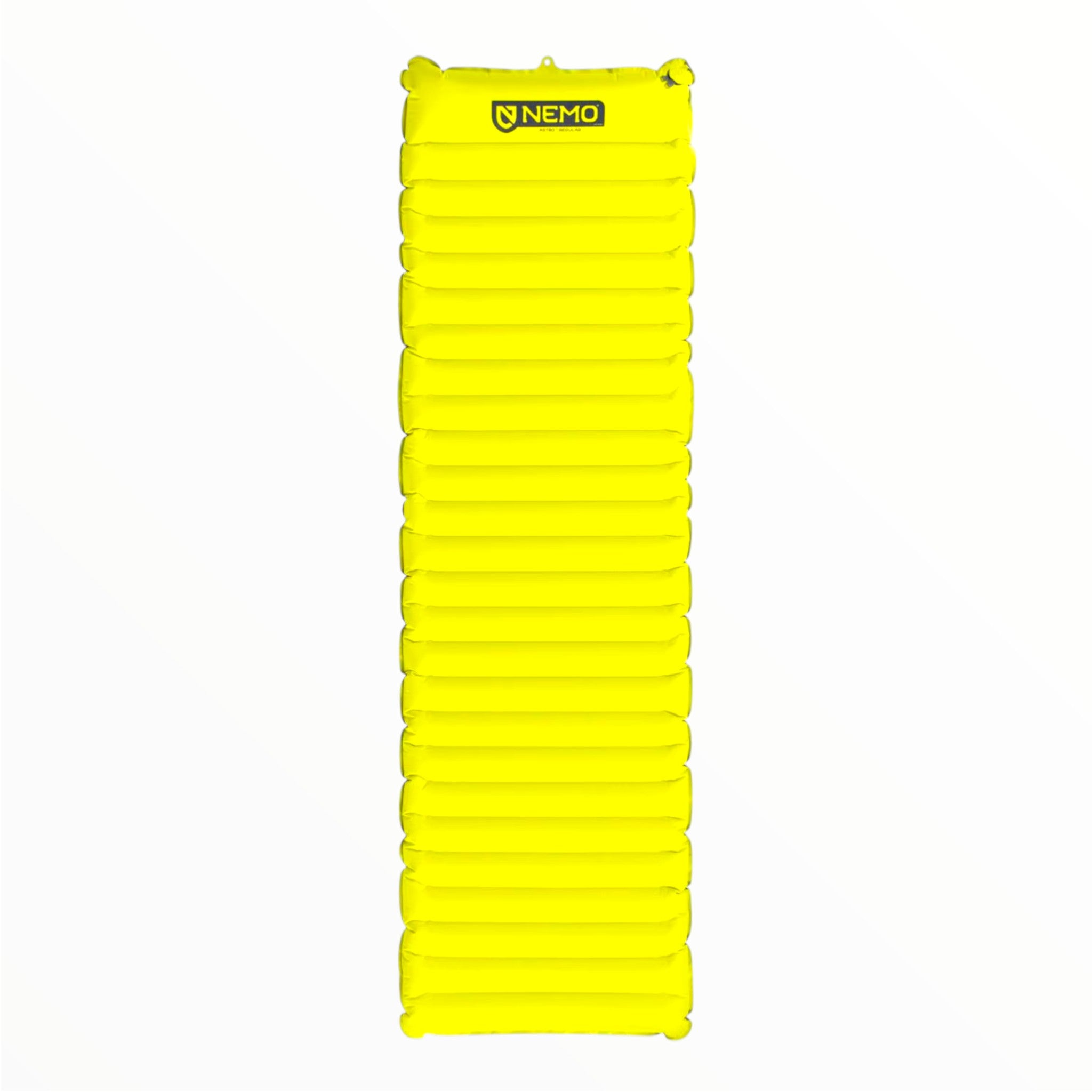 The Nemo Astro Sleeping Pad is a bright yellow, lightweight pad with horizontal air chambers, featuring the Nemo logo at the top. Made from recycled polyester, it's shown against a plain white background.