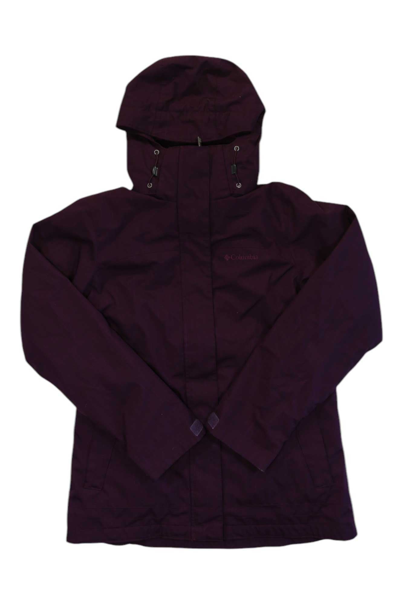 The Columbia Womens Sleet to Street 3-in-1 Jacket is a dark purple, insulated, waterproof coat with long sleeves, front zipper, and subtle left-chest branding—ideal for outdoor adventures. Displayed on a white background.