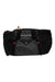 Cycle gear bag with gray front panel, black side compartments, red zipper pull, handle