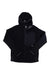 The Artilect Mens Supermoon Bio Hoodie, a black zip-up jacket with long sleeves, Primaloft insulation, a zippered chest pocket, and gray trim on the hood and cuffs, is shown laid flat on a white background.