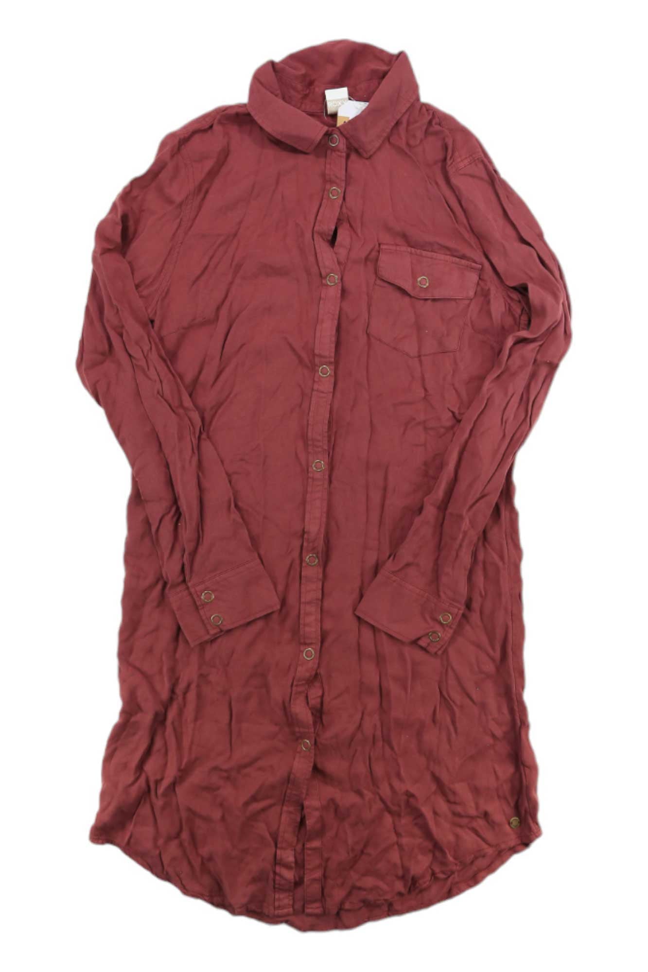 Oxblood red long-sleeve shirt dress with button front, pointed collar, and chest pocket