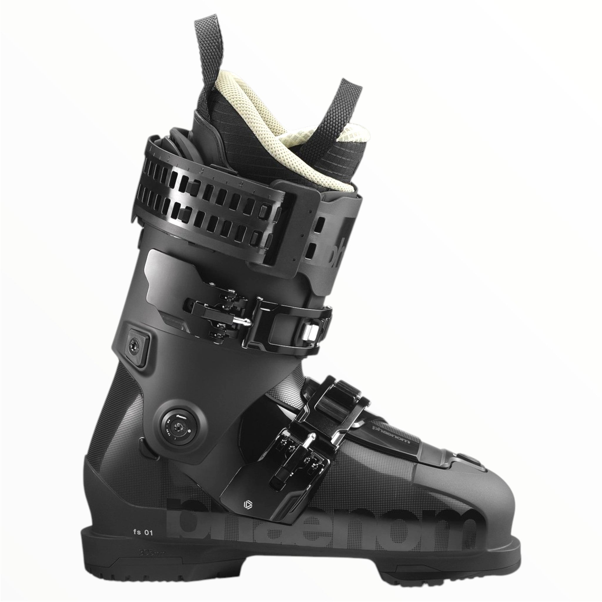 The Phaenom FS 01 120 Ski Boot by Phaenom is a black all-mountain freeski boot with two large buckles, an adjustable top strap, and textured details for enhanced power transmission, shown in profile view on a white background.