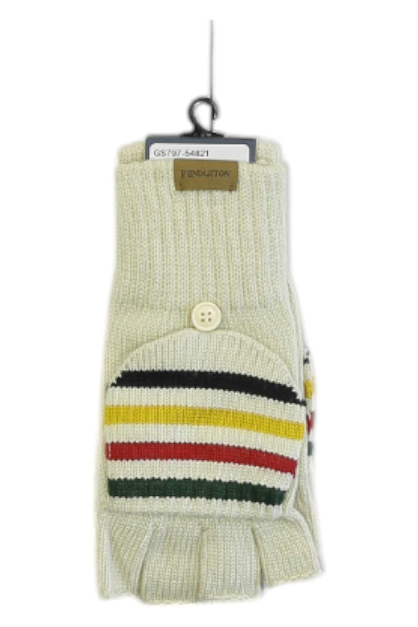 Womens convertible fingerless mitten, light knit with striped band and button flap