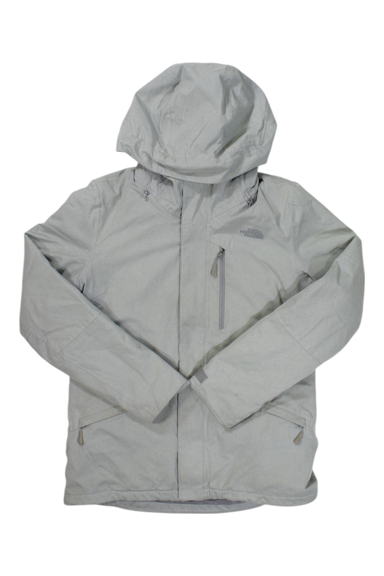 The North Face women's light-gray hooded 3-in-1 jacket with front zipper and pockets