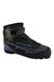 Black ski boot with gray cuff panel, blue logo stripe, and Salomon pull tab