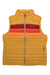 The Cotopaxi Womens Fuego Down Vest is a yellow puffer with orange and red chest stripes, zippered front, and high collar. Insulated with responsible down, it offers warmth and style—perfect for casual wear.