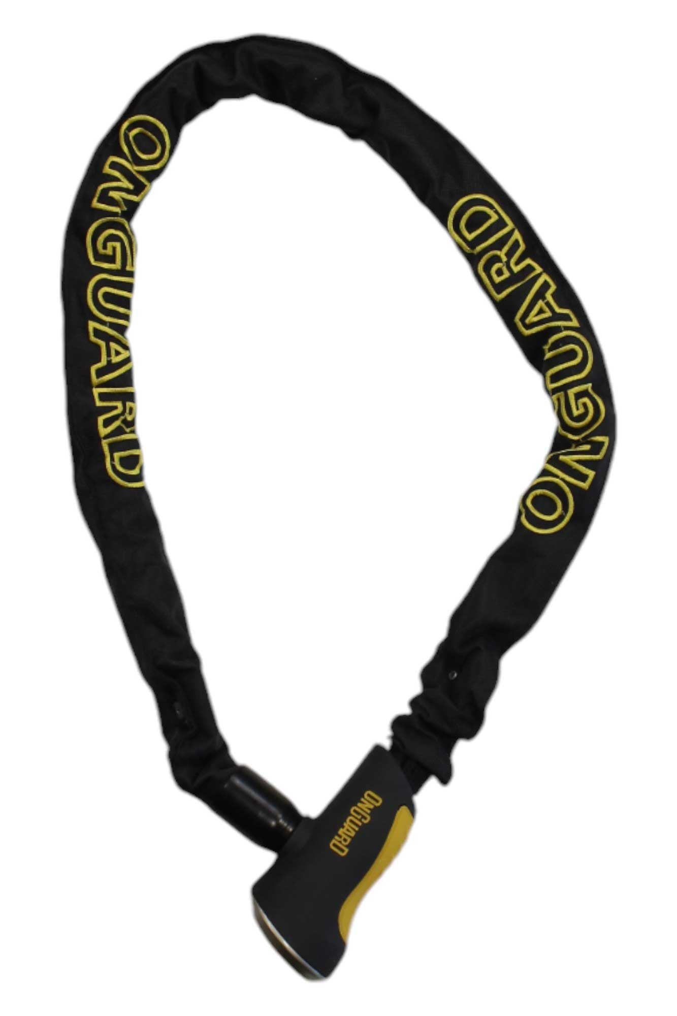 Black chain lock with integrated key lock and yellow branding