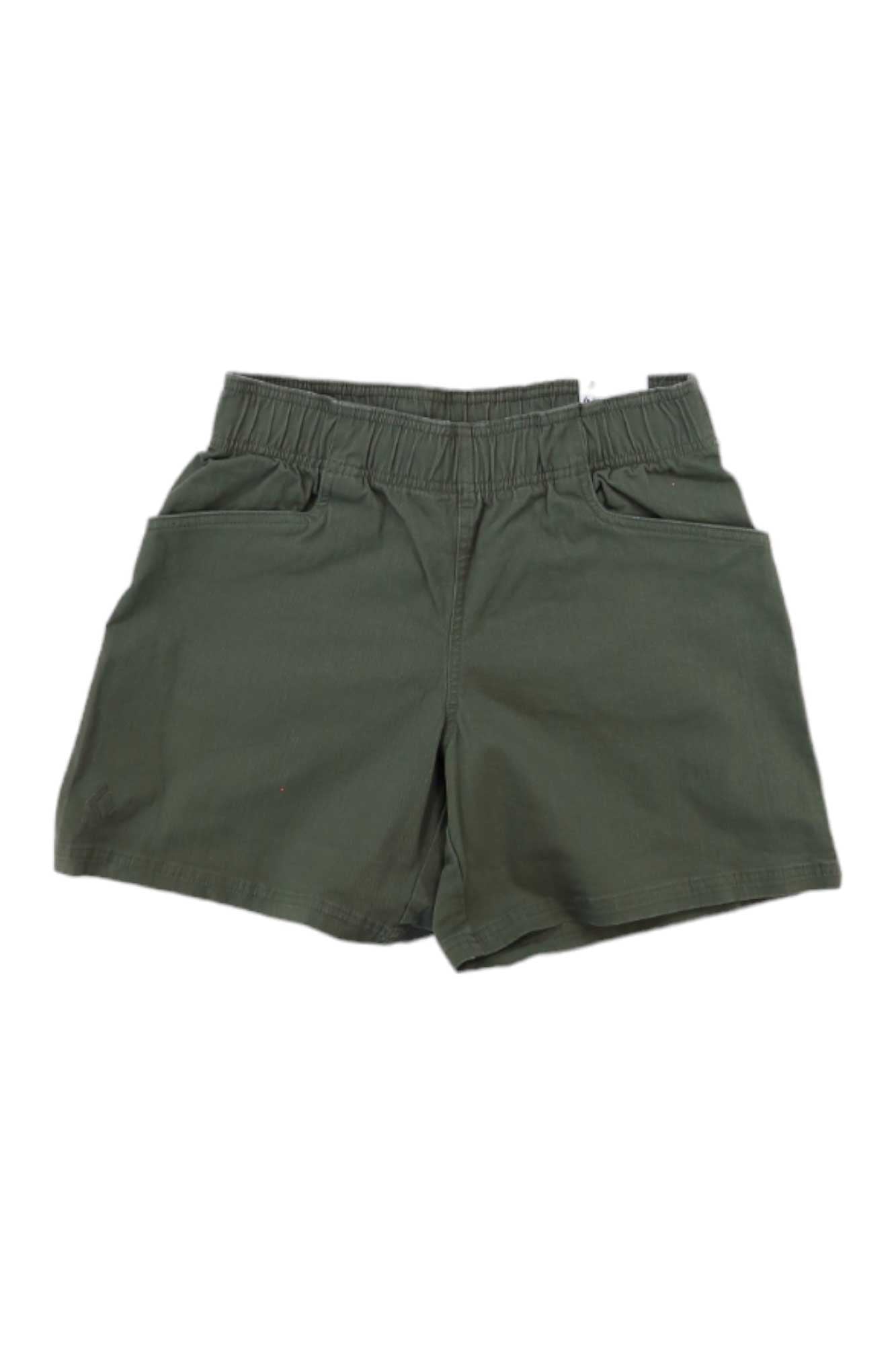 The Black Diamond Womens Dirtbag Short in olive green, made from organic cotton with an elastic waistband and two front pockets, is shown laid flat on a white background.