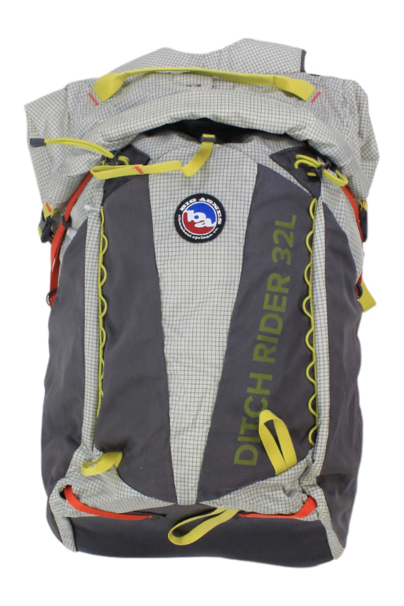 Back panel of 32L backpack, gray interior lining with black center panel and yellow loops