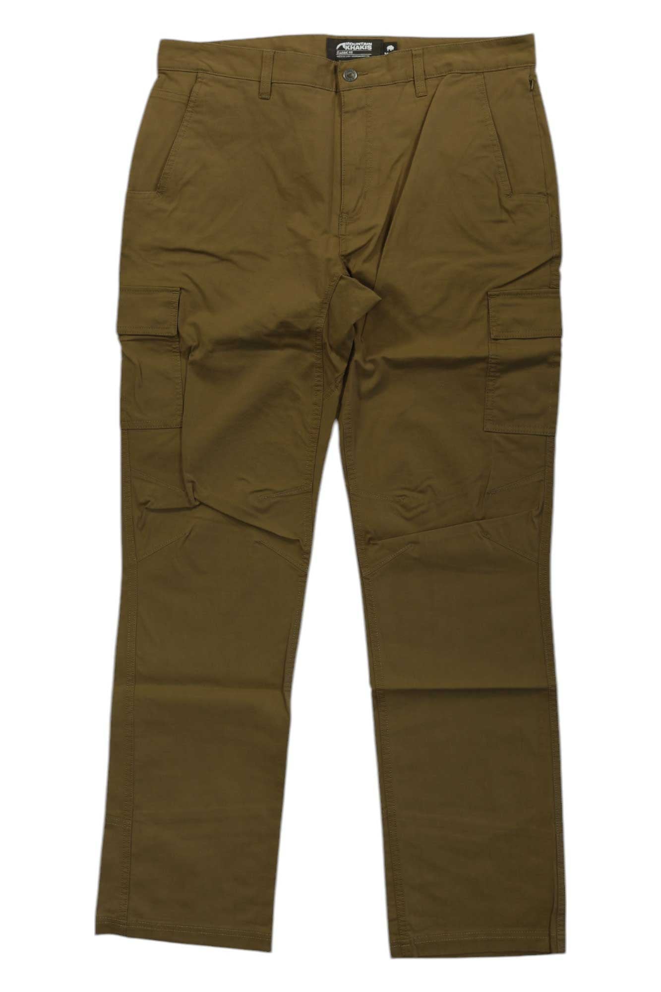 Men's dark brown cargo pants with side pockets, button fly, belt loops