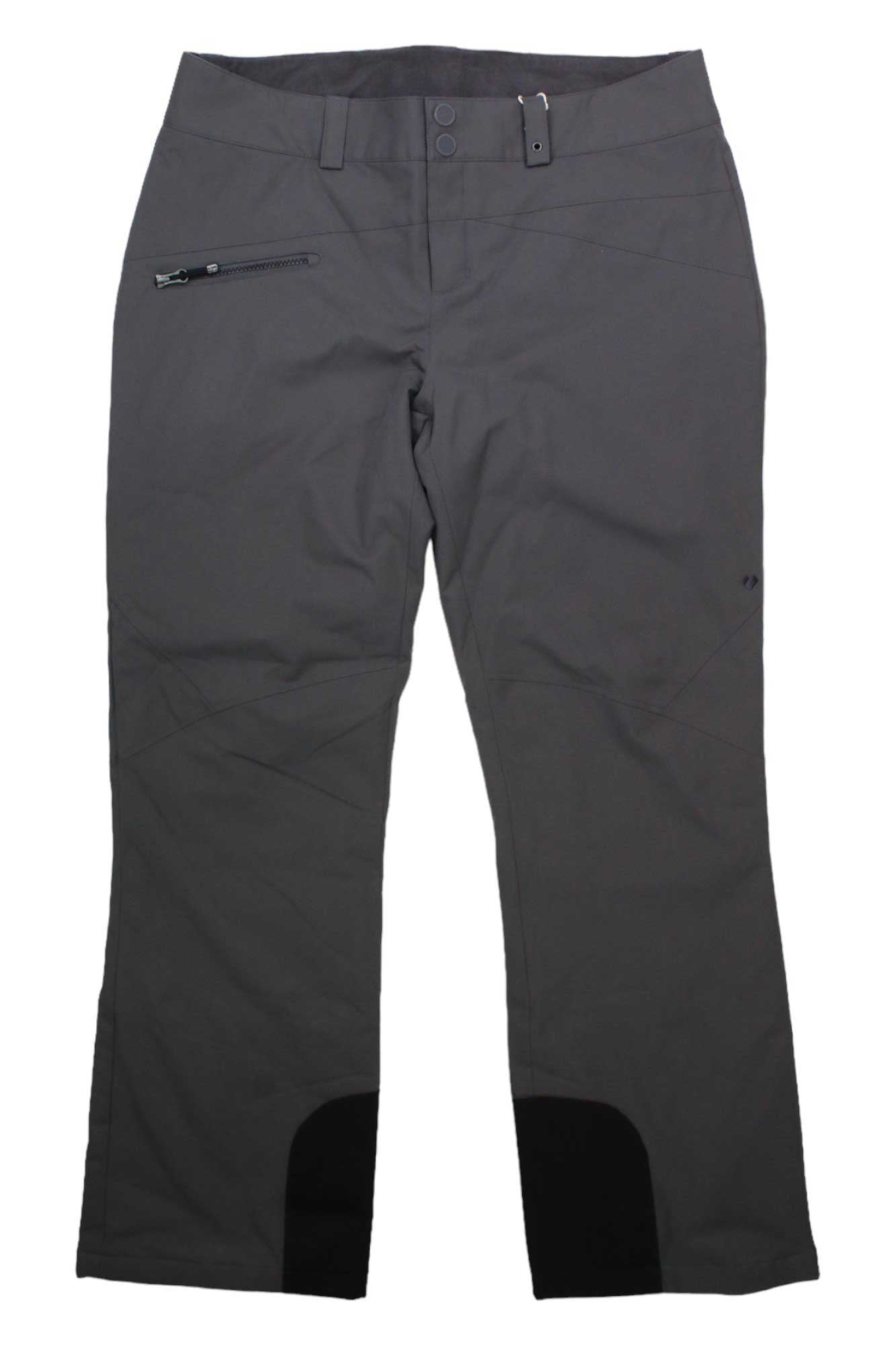 The Obermeyer Womens Malta Pant, shown in dark gray, features a zippered right thigh pocket, belt loops, black reinforced inner ankles, and insulated waterproof fabric, displayed flat on a white background.