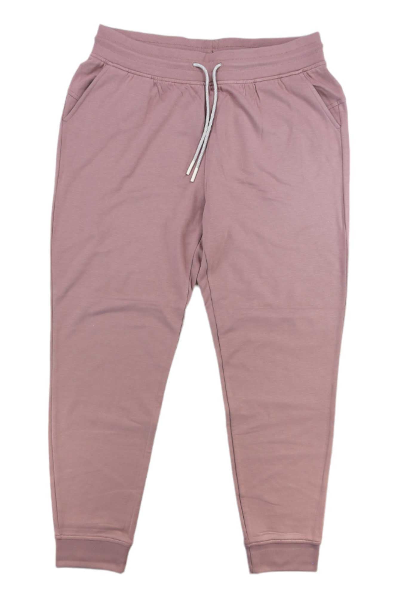 The Free Fly Womens Bamboo Lightweight Fleece Jogger in light mauve features ultra-soft bamboo fleece, elastic waistband with white drawstring, side pockets, and cuffed ankles, shown laid flat on a white background.