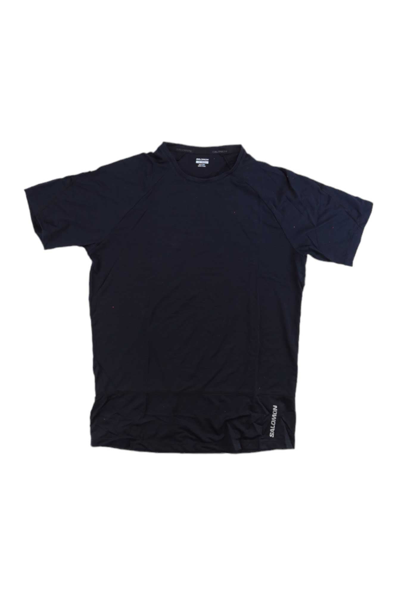 Men's short-sleeve performance T-shirt, deep black, crew neck with small side logo.