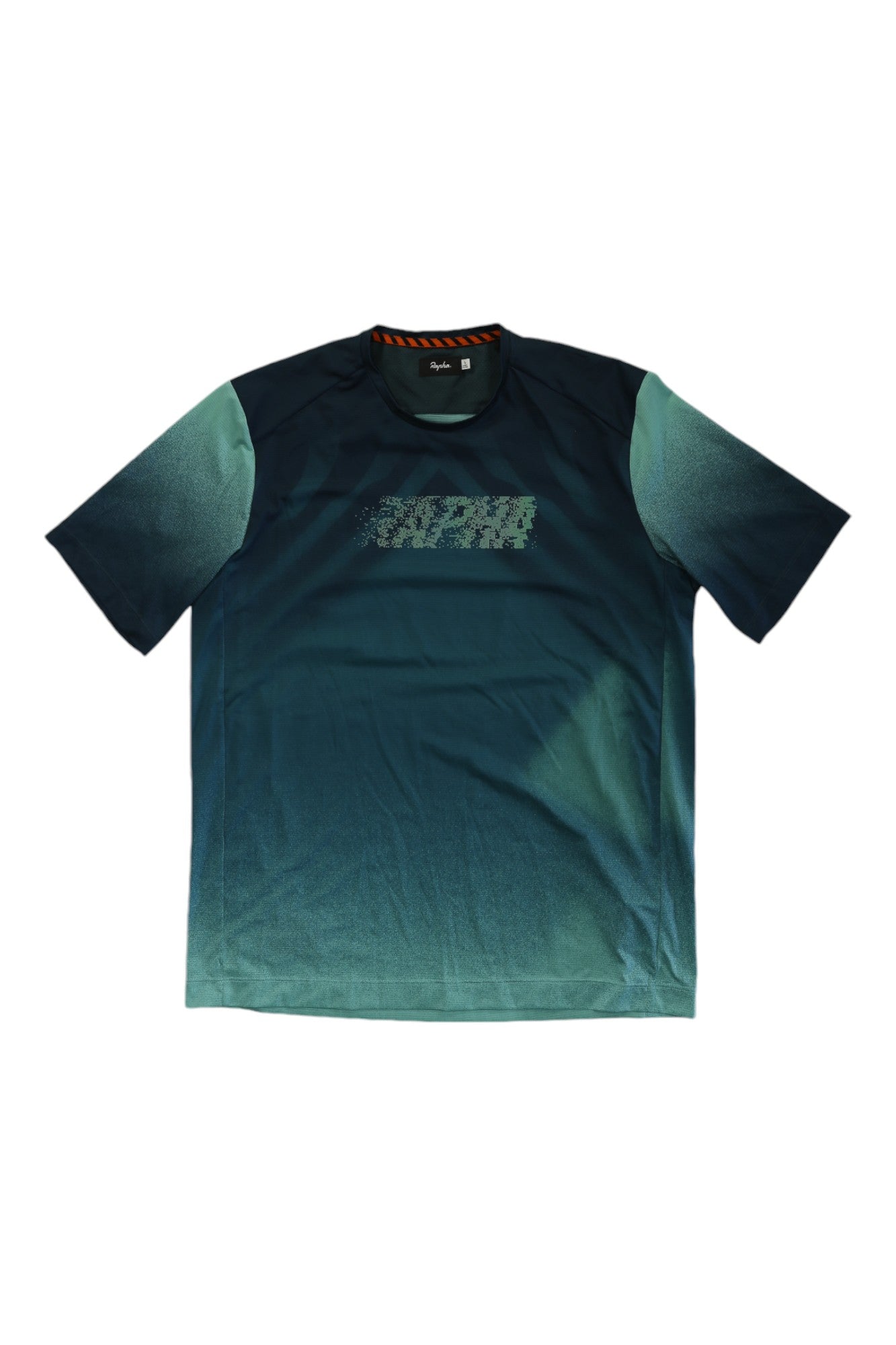 The Rapha Long Sleeve Technical T-Shirt features a pixelated logo on the chest, gradient green and teal hues, a round neckline, and moisture-wicking fabric for comfort throughout your workout.