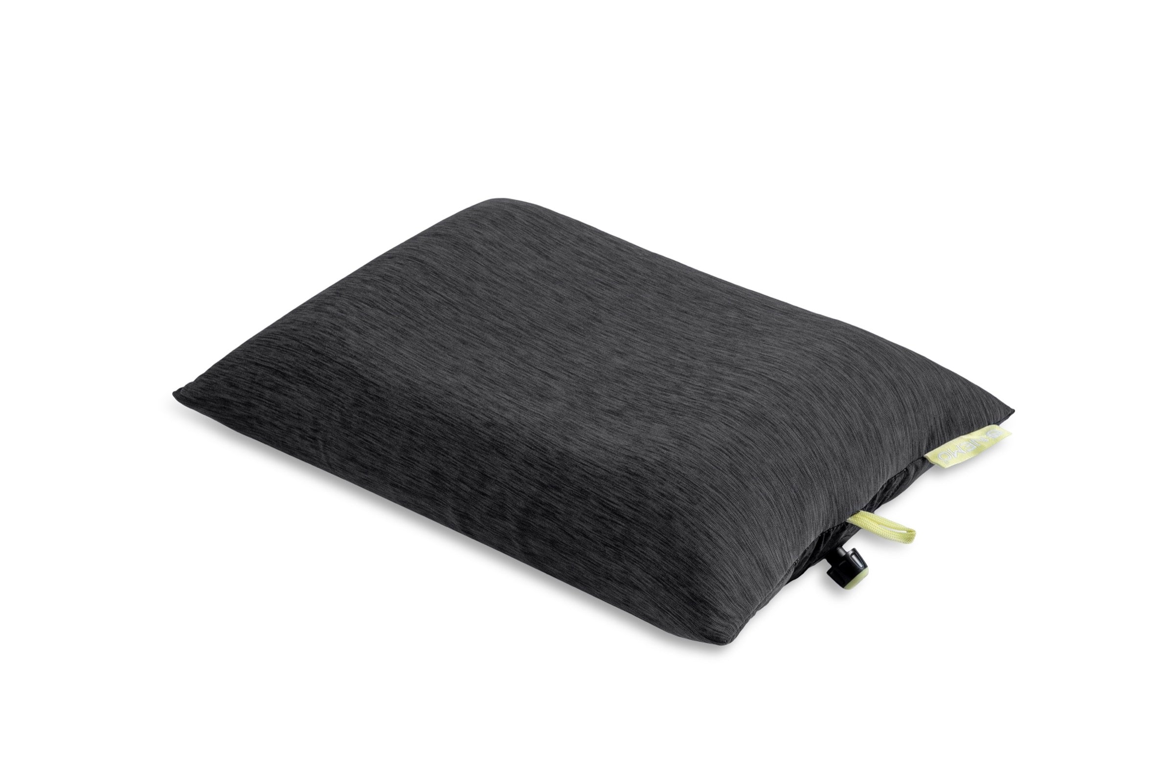 A Nemo Fillo Elite Pillow in rectangular black, with heathered fabric cover, two small green tags, and a black clip on one side, is shown on a white background.