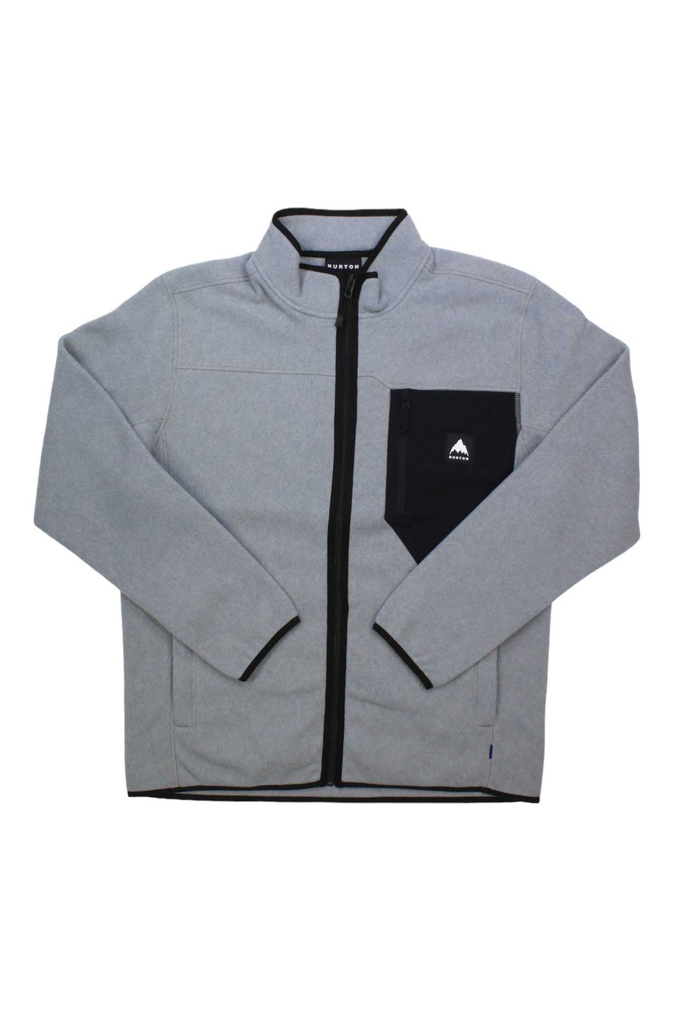 The Burton Mens Cinder Full Zip Fleece Jacket is a light gray hiking jacket made from recycled polar fleece, featuring a stand collar, black zipper, and a black chest pocket with a small white mountain logo.