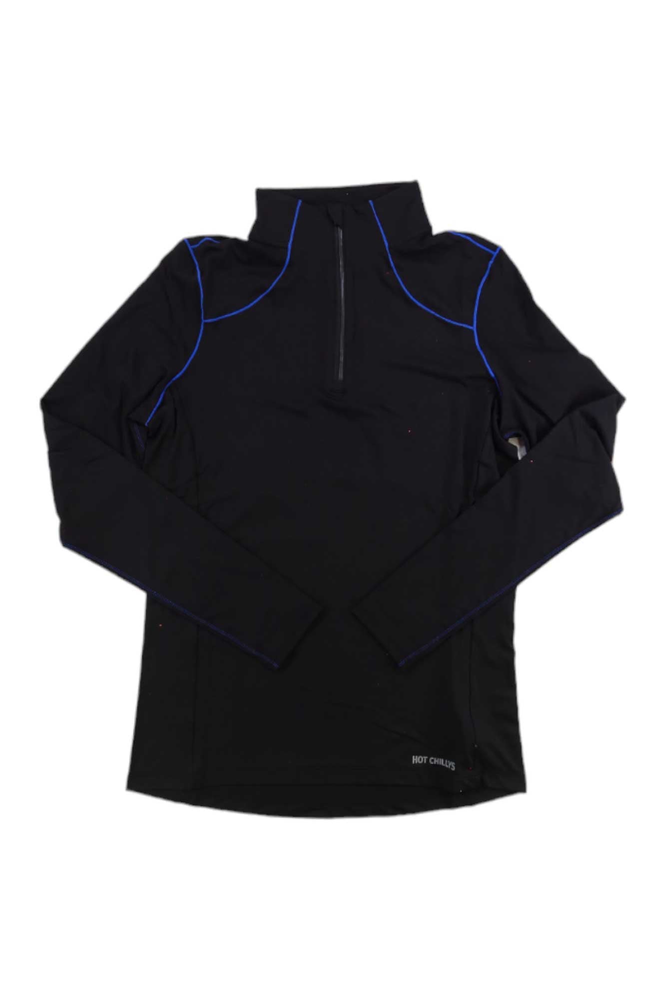 Women's black quarter-zip long-sleeve performance tee with blue piping, front