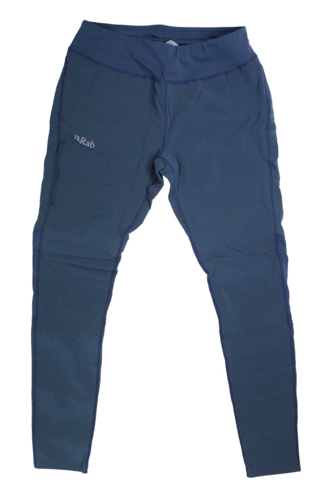 Rab Women's Rhombic Tight in navy blue, featuring a side zip pocket, ideal for mountaineering or as windproof fleece leggings, displayed flat on a white background.