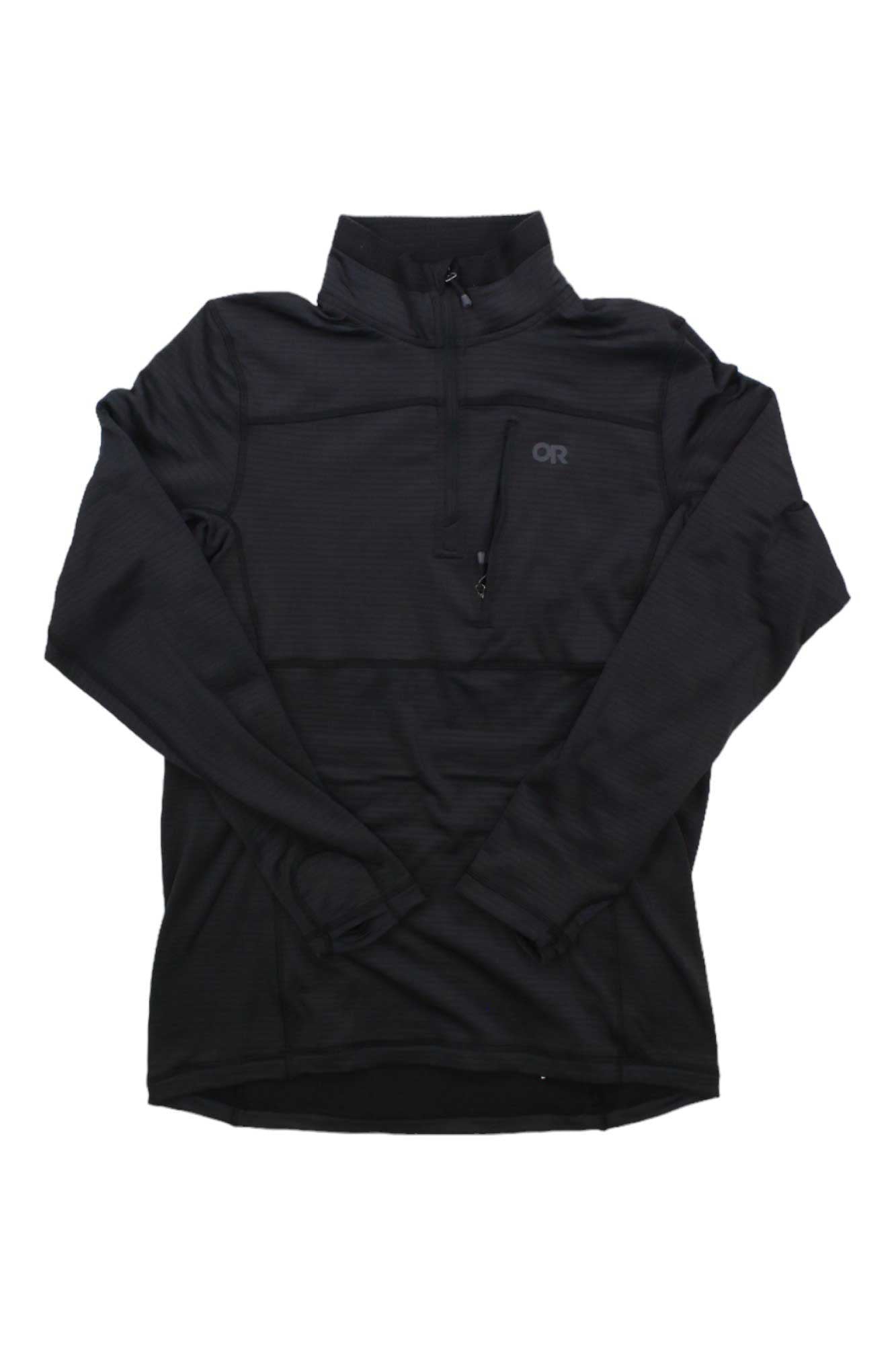 The Outdoor Research Men's Vigor Quarter Zip Jacket is a lightweight, black pullover with long sleeves, a high collar, and left-chest OR logo—ideal for layering during climbing or hiking adventures.