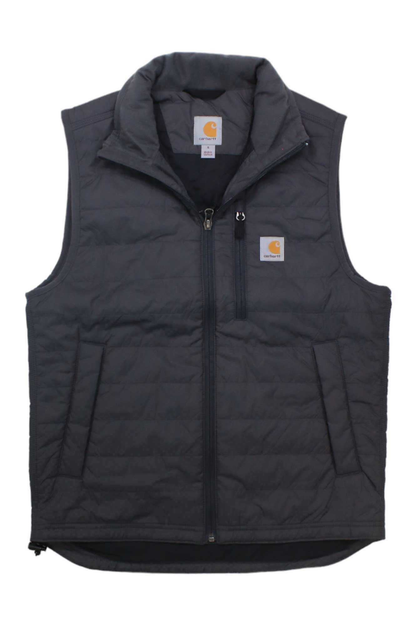 Men's dark gray insulated vest with stand collar and front zipper, quilted