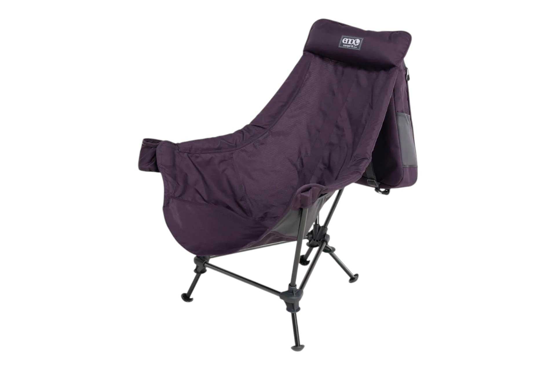 Purple fabric lounger chair with headrest, foldable frame and armrests