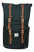 The Herschel Supply Company Little America Backpack in dark green features brown straps, gold buckles, side pockets, a front white Herschel label, and a plaid bottom—ideal for outdoor adventures.