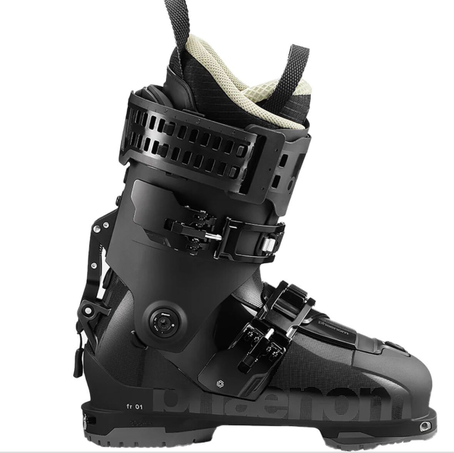 The Phaenom FR 01 110 Ski Boot by Phaenom is a black freeride boot featuring two adjustable buckles, high ankle support, a textured shell, and padded light interior with hybrid cabrio overlap construction, shown in profile on a white background.