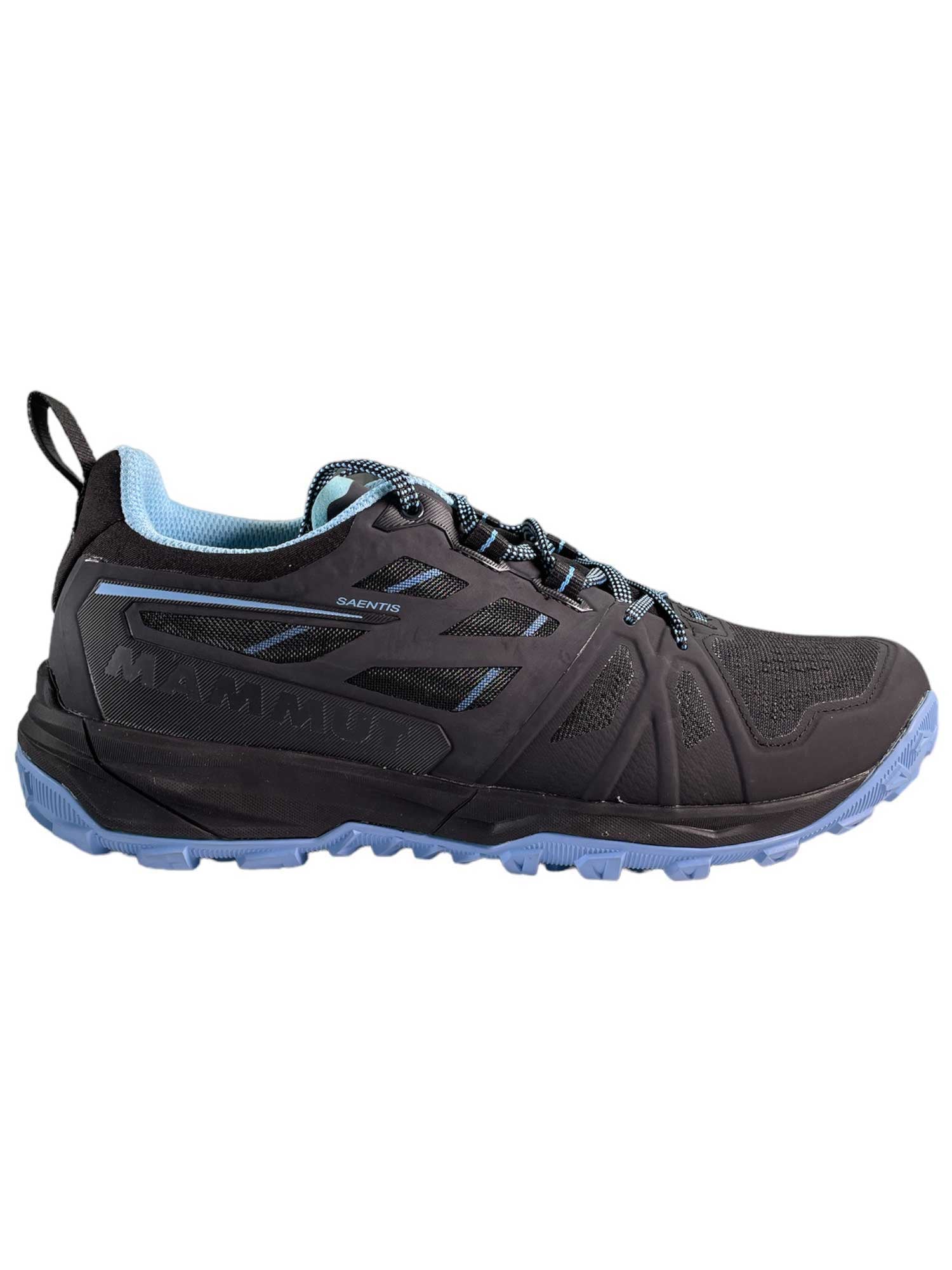 The Mammut Women's Saentis Low Shoe is a black athletic trail runner with light blue accents, blue laces, and a rugged blue sole. Built for outdoor adventures, it features mesh and synthetic materials with visible branding on the side.