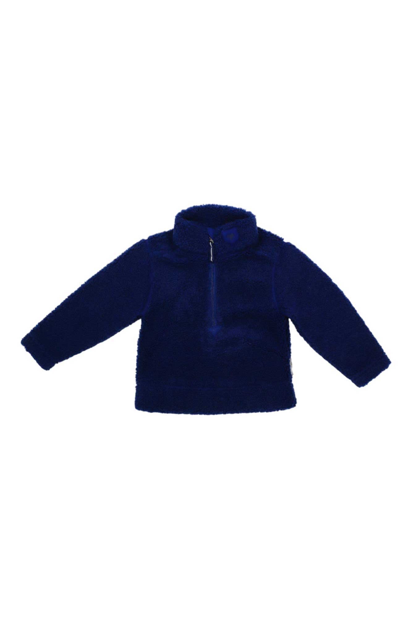 The Obermeyer Kids Superior Gear Zip Top is a long-sleeve, dark blue sherpa fleece pullover with a half-zip front and high collar, perfect for outdoor layering, shown against a white background.