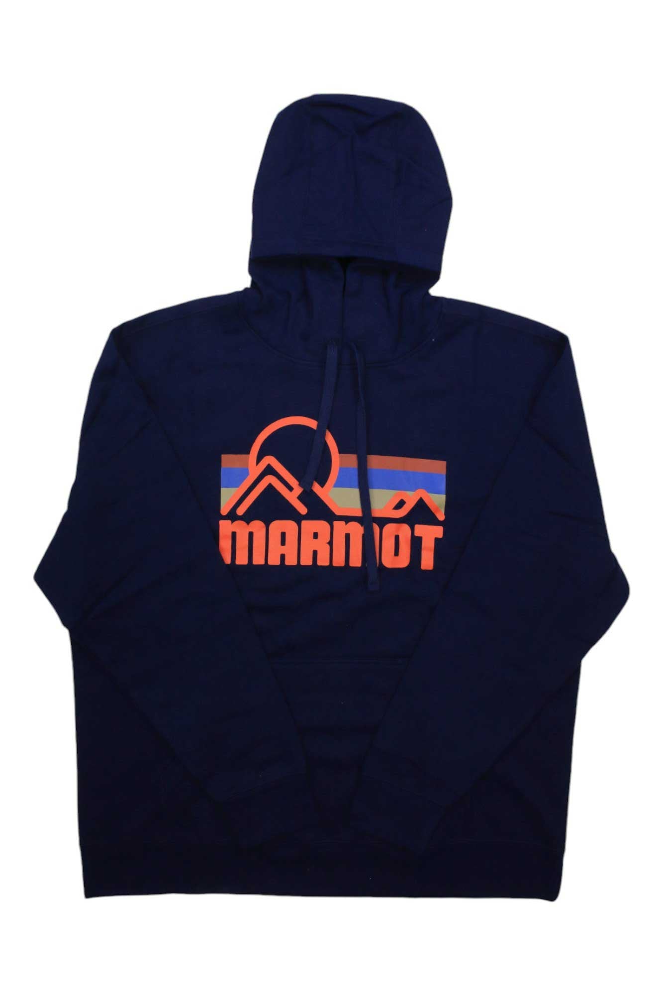 The Marmot Mens Coastal Hoody in navy blue features a hood with drawstrings, recycled polyester fabric, bold orange "MARMOT" lettering, and a stylized orange-and-blue mountain graphic on the chest.