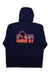 The Marmot Mens Coastal Hoody in navy blue features a hood with drawstrings, recycled polyester fabric, bold orange "MARMOT" lettering, and a stylized orange-and-blue mountain graphic on the chest.