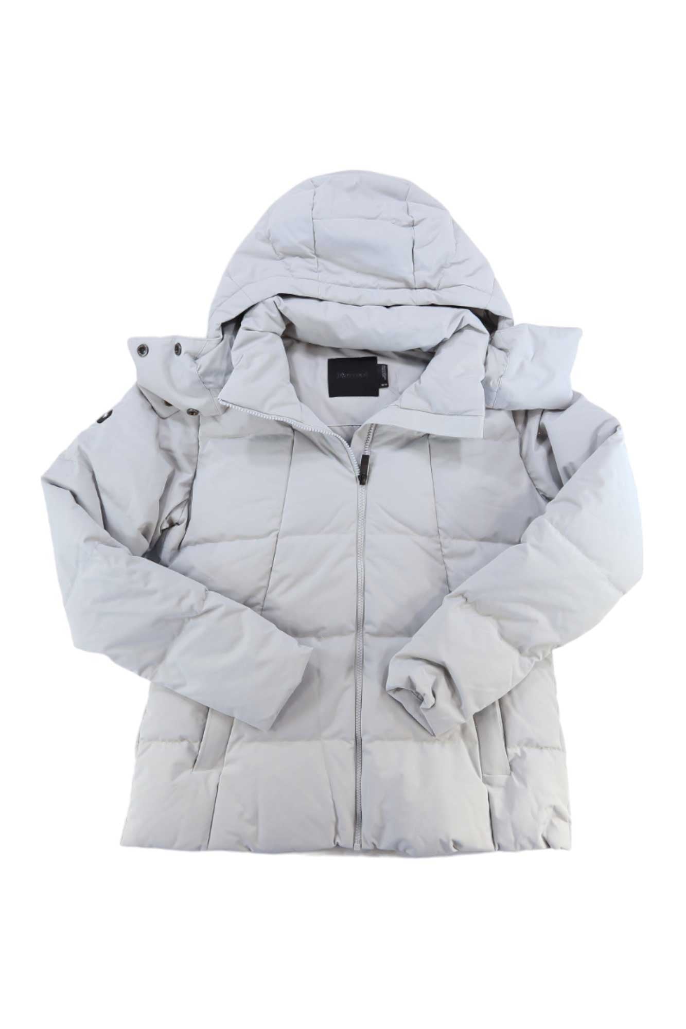 The Marmot Women's Mercer Jacket in light gray features a hood, front zipper, and long sleeves with 700-fill down. This waterproof snowsports jacket is laid flat on a white background.