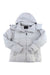 The Marmot Women's Mercer Jacket in light gray features a hood, front zipper, and long sleeves with 700-fill down. This waterproof snowsports jacket is laid flat on a white background.