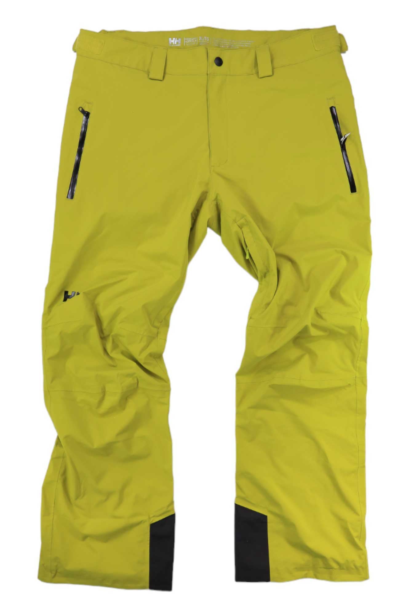 A pair of Helly Hansen Men's Legendary Insulated Pants in bright yellow, featuring black zipper pockets, reinforced black cuffs, belt loops, and articulated knees, displayed against a white background.