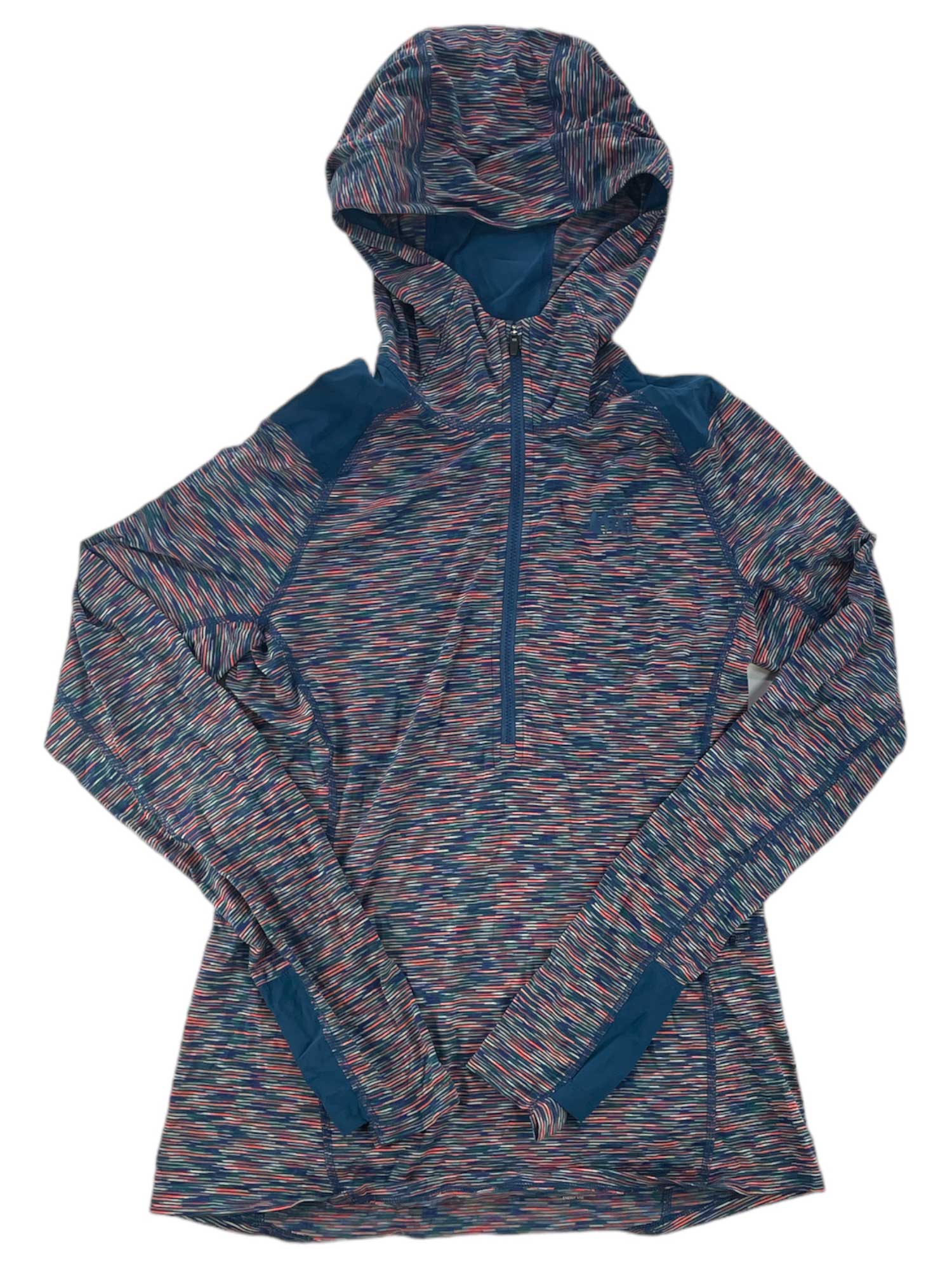 The Screeline Hoodie features a multicolored, long-sleeve pullover design with half-zip front, thumb holes, moisture-wicking fabric, and stylish horizontal stripes in blue, pink, white, and teal for high-performance comfort.